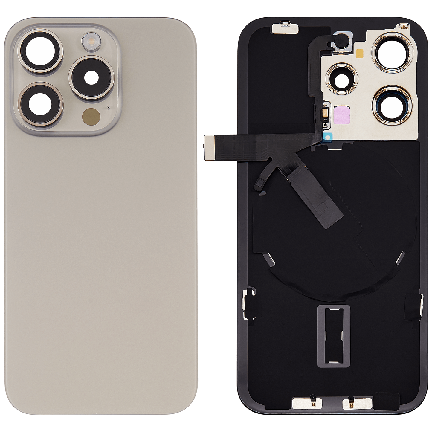 Back Glass w/ MagSafe Magnet & NFC & Flashlight Flex For iPhone 15 Pro (Aftermarket) (Natural Titanium) (No Logo)