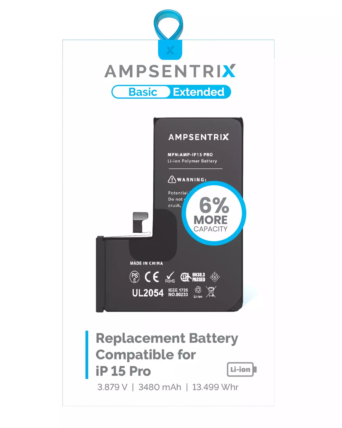 Replacement Battery For iPhone 15 Pro (AmpSentrix Basic Extended)
