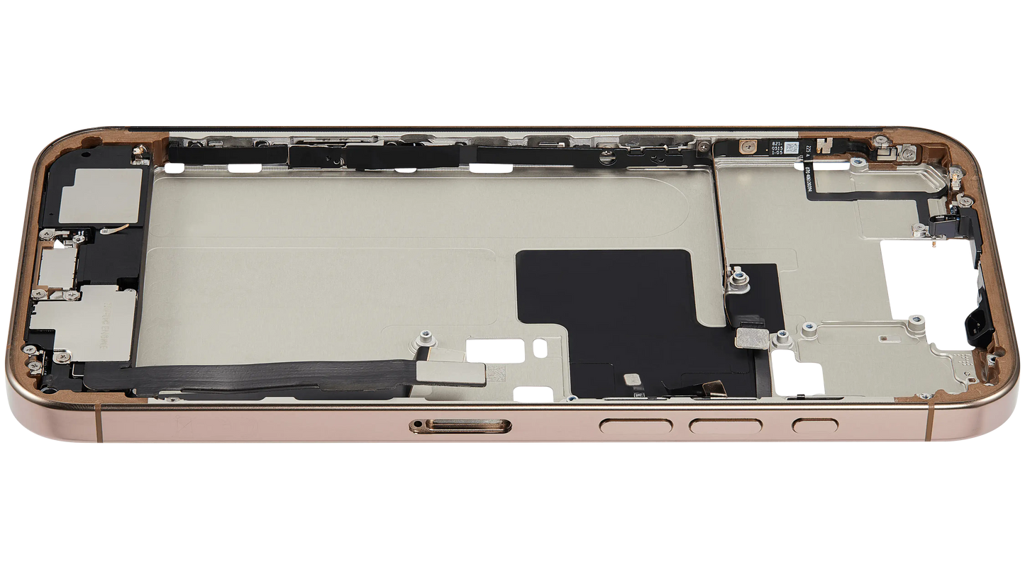 Mid-Frame Housing W/ Charging Port Flex & Small Parts For iPhone 16 Pro Max (EU / Global Version) (Used OEM Pull: Grade A) (Desert Titanium)
