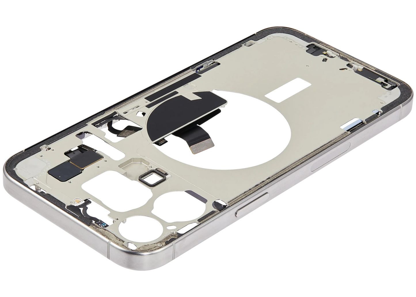 Mid-Frame Housing W/ Charging Port Flex & Small Parts For iPhone 15 Pro Max (US Version) (Used OEM Pull: Grade B) (White Titanium)