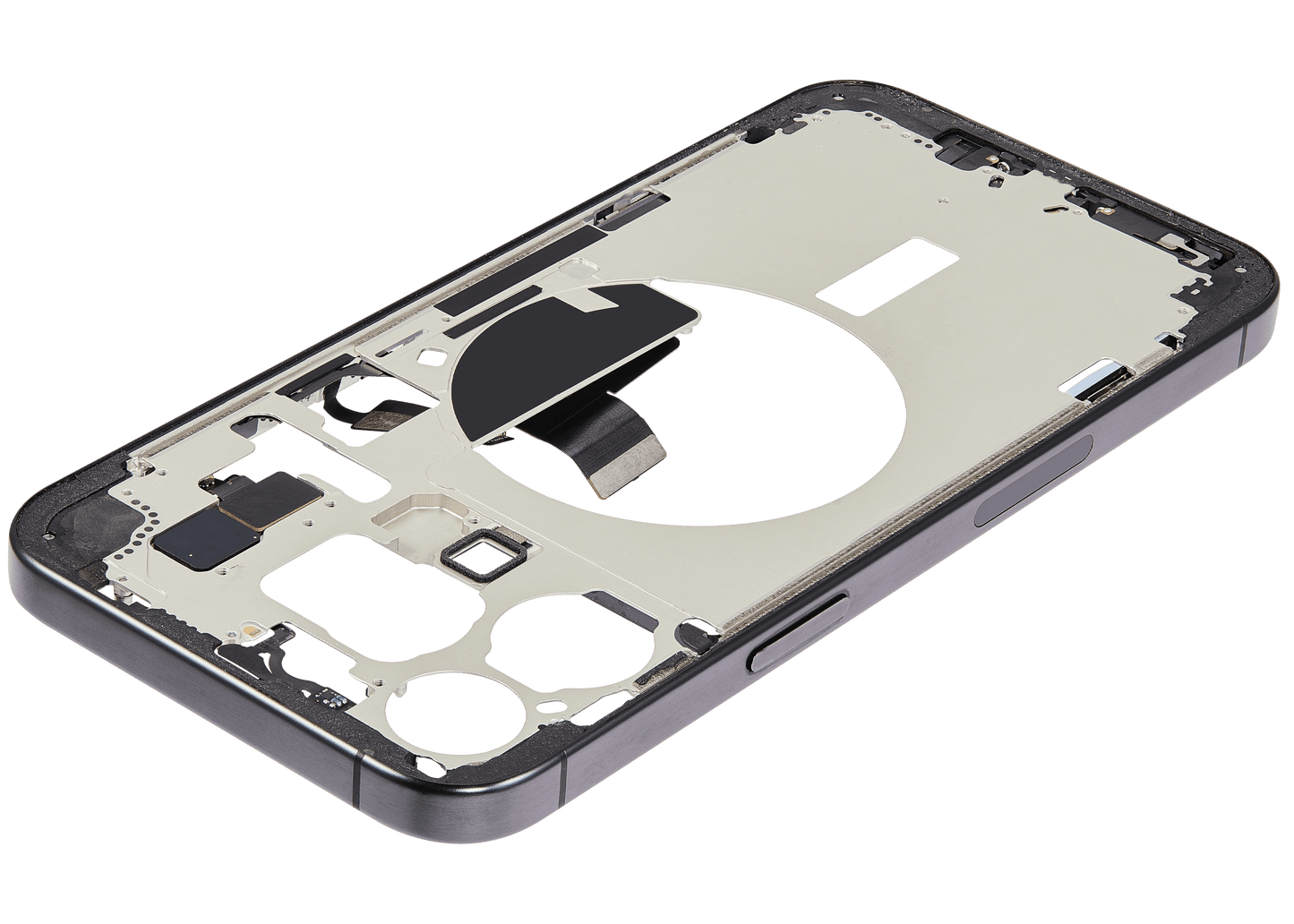 Mid-Frame Housing W/ Charging Port Flex & Small Parts For iPhone 15 Pro Max (US Version) (Used OEM Pull: Grade B) (Black Titanium)
