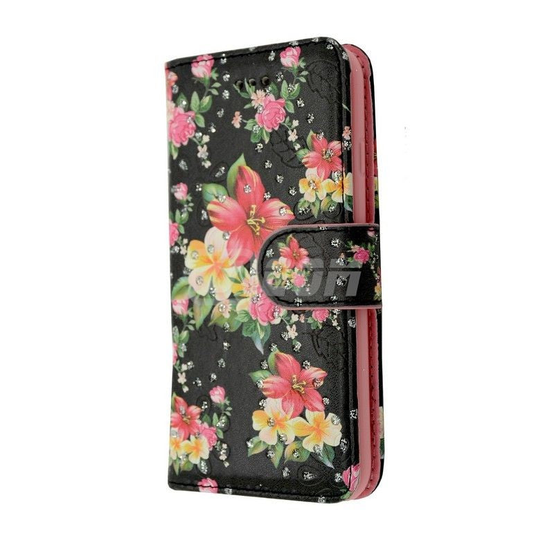 iPhone 14 6.1'' Photo ID 3 Card Slots Flower Diamond Wallet Flower Black