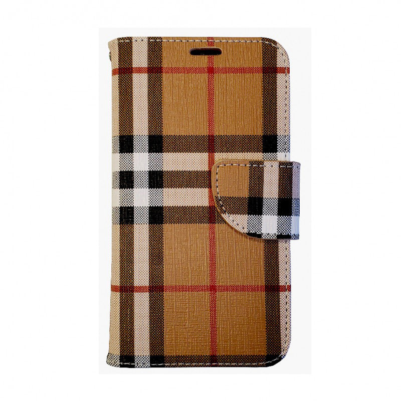 iPhone 14 6.1'' Photo ID 3 Card Slots Plaid Design Wallet Brown