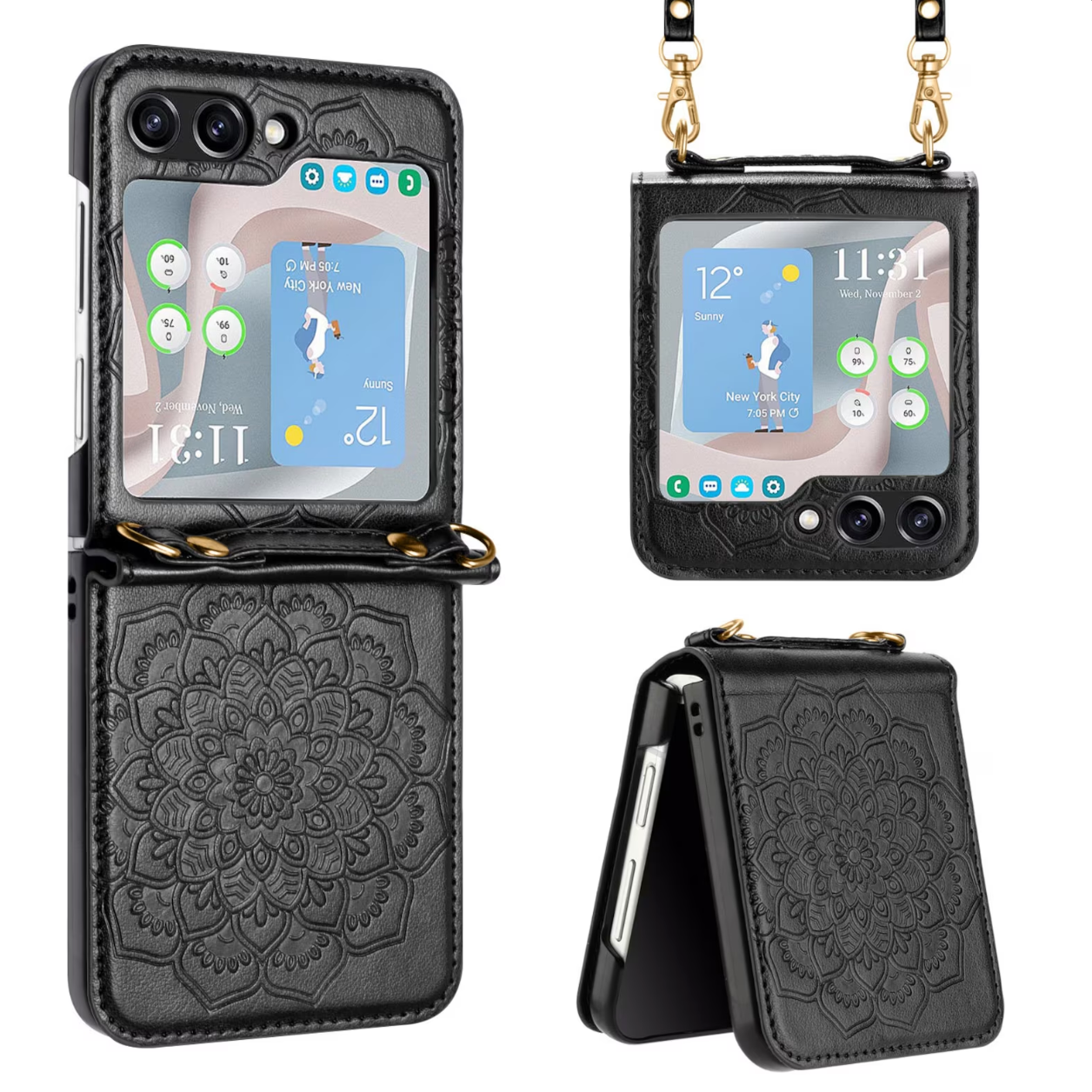 Black Leather Carved Wallet for Samsung Z5 FLIP
