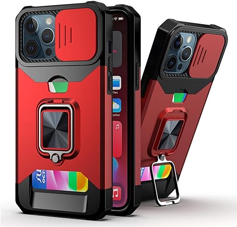 Hybrid Ring Case With Camera Slide and Card Slots For iPhone 14 Plus Red