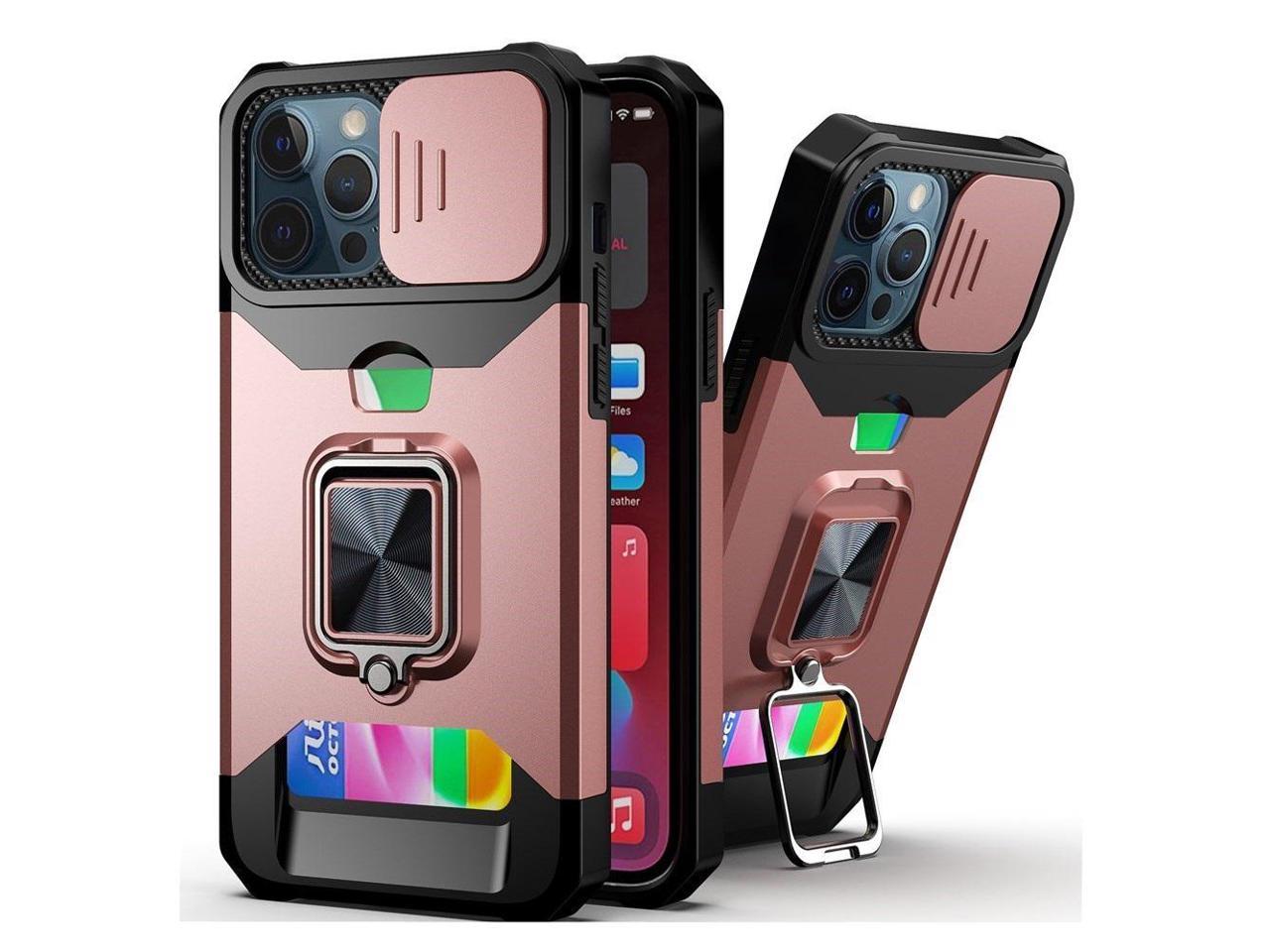 Hybrid Ring Case With Camera Slide and Card Slots For iPhone 14 Rose Gold