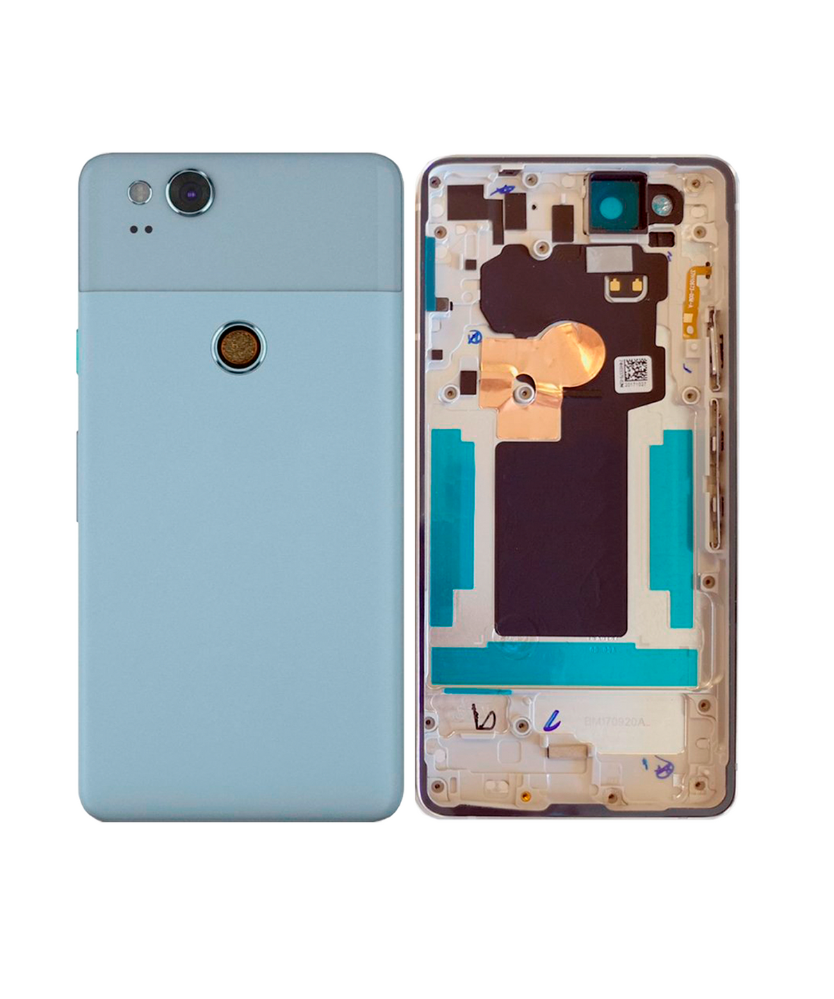 Back Housing W/ Small Components Pre-Installed For Google Pixel 2 (Used OEM Pull: Grade A) (Blue) - replacement part additional angle