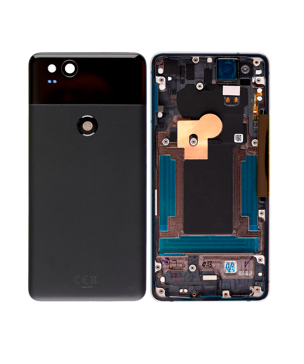 Back Housing W/ Small Components Pre-Installed For Google Pixel 2 (Used OEM Pull: Grade A) (Black) - phone repair part close-up
