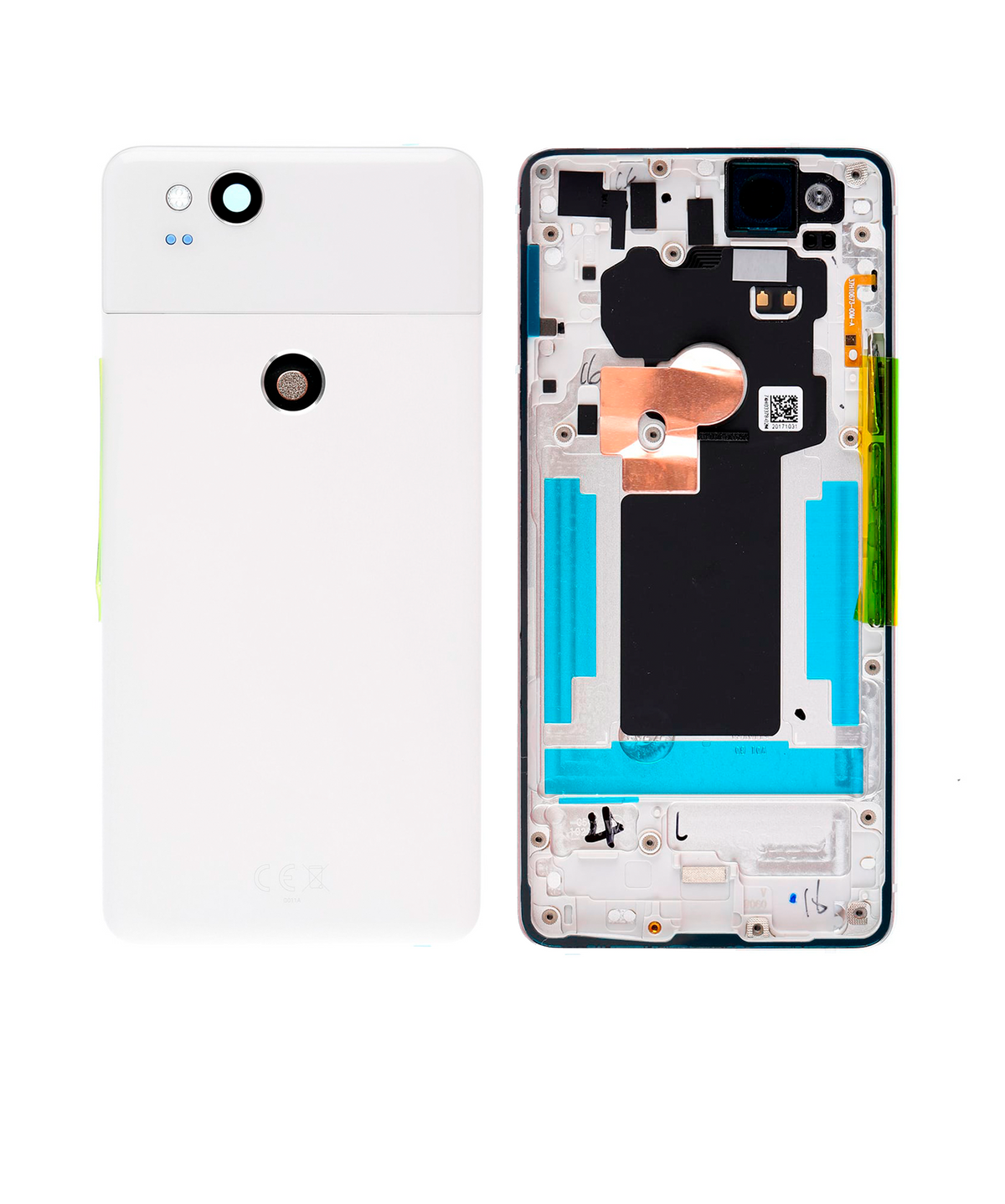 Back Housing W/ Small Components Pre-Installed For Google Pixel 2 (Used OEM Pull: Grade A) (White) - phone repair part close-up