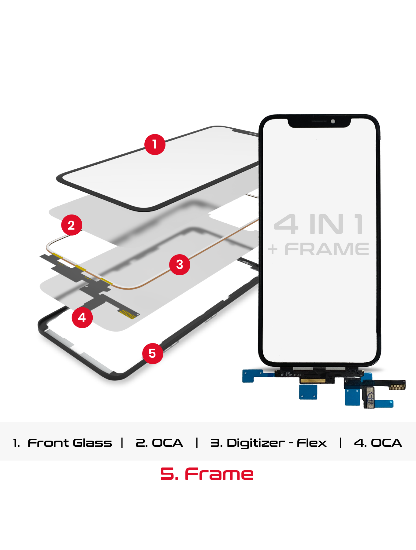 4 in 1 Short Flex (Digitizer Touch With Glass + OCA + Frame Pre-installed) For iPhone X (OCA Master)