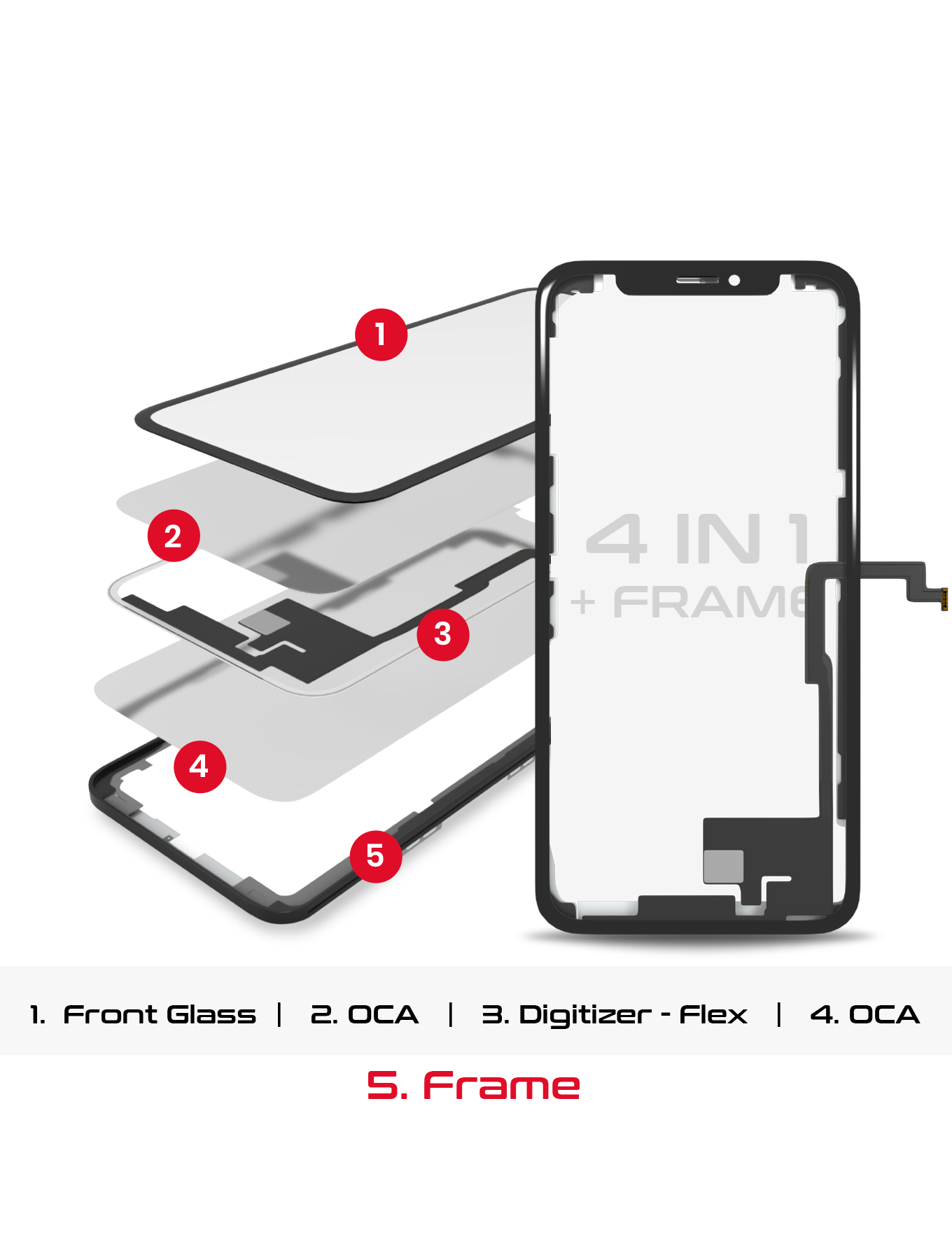 4 in 1 Long Flex (Digitizer Touch With Glass + OCA + Frame Pre-installed) For iPhone X (OCA Master)