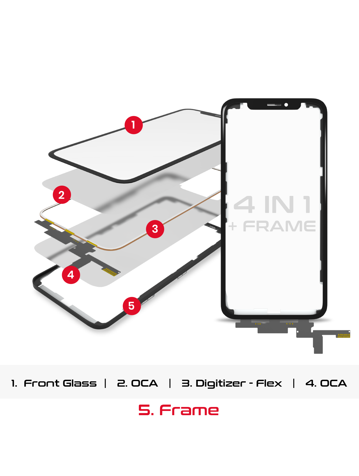 4 in 1 Short Flex (Digitizer Touch With Glass + OCA + Frame Pre-installed) For iPhone XS (OCA Master)