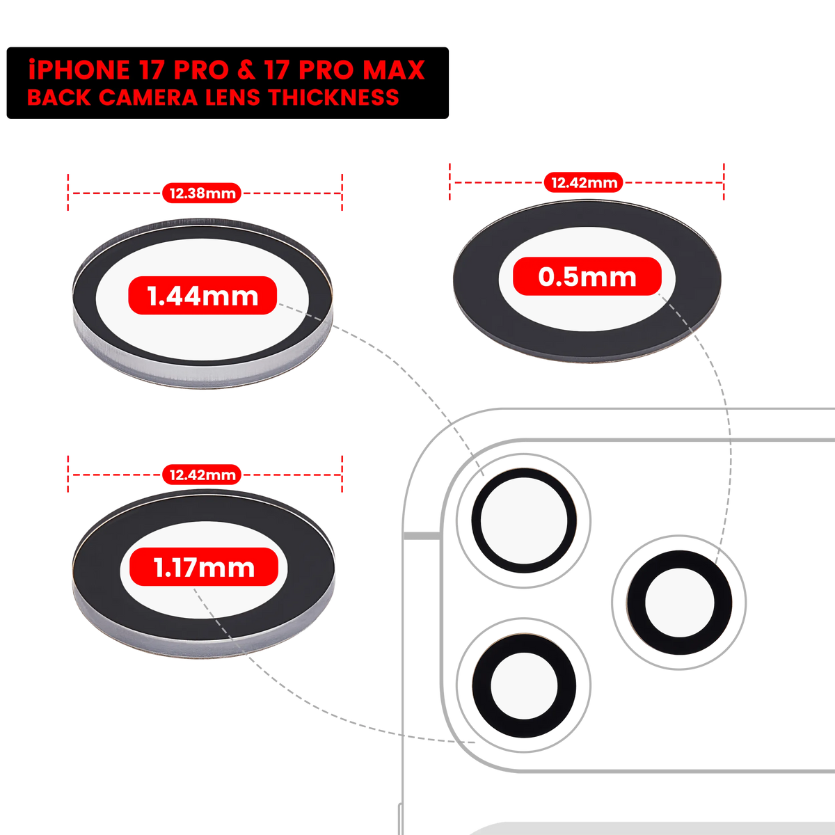 Back Camera Lens (Glass Only) With Adhesive For iPhone 17 Pro / 17 Pro Max (3 Piece Set) (Aftermarket Plus) — product photo 2