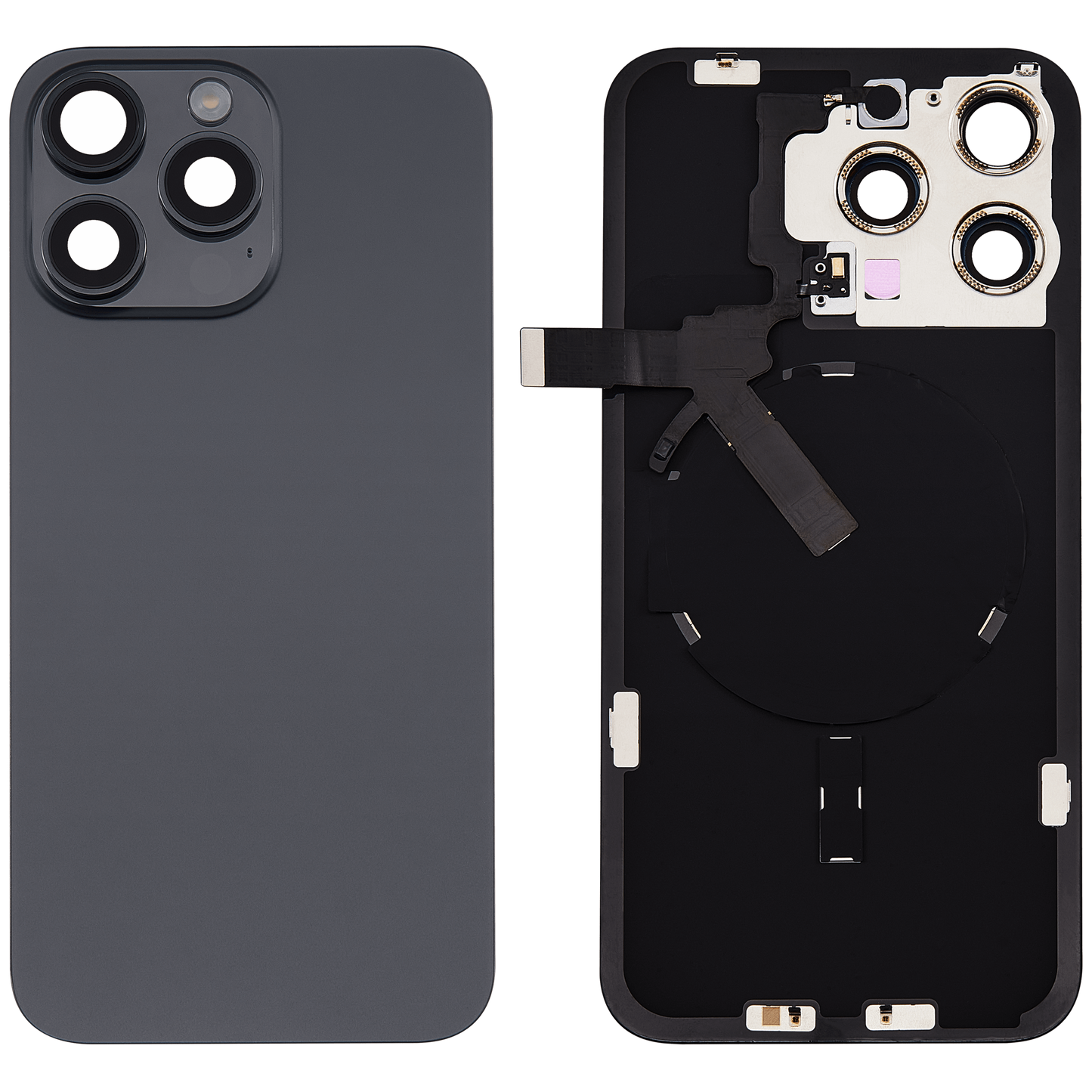 Back Glass w/ MagSafe Magnet & NFC & Flashlight Flex For iPhone 15 Pro Max (Aftermarket) (Black Titanium) (No Logo)