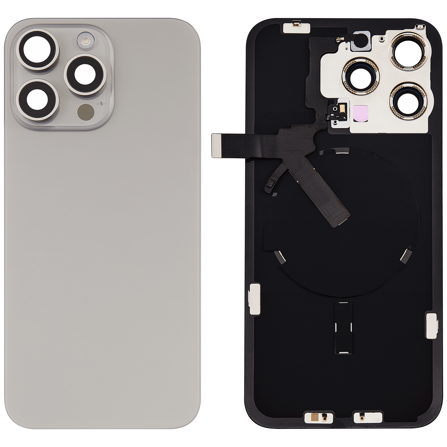 Back Glass w/ MagSafe Magnet & NFC & Flashlight Flex For iPhone 15 Pro Max (Aftermarket) (Natural Titanium) (No Logo)