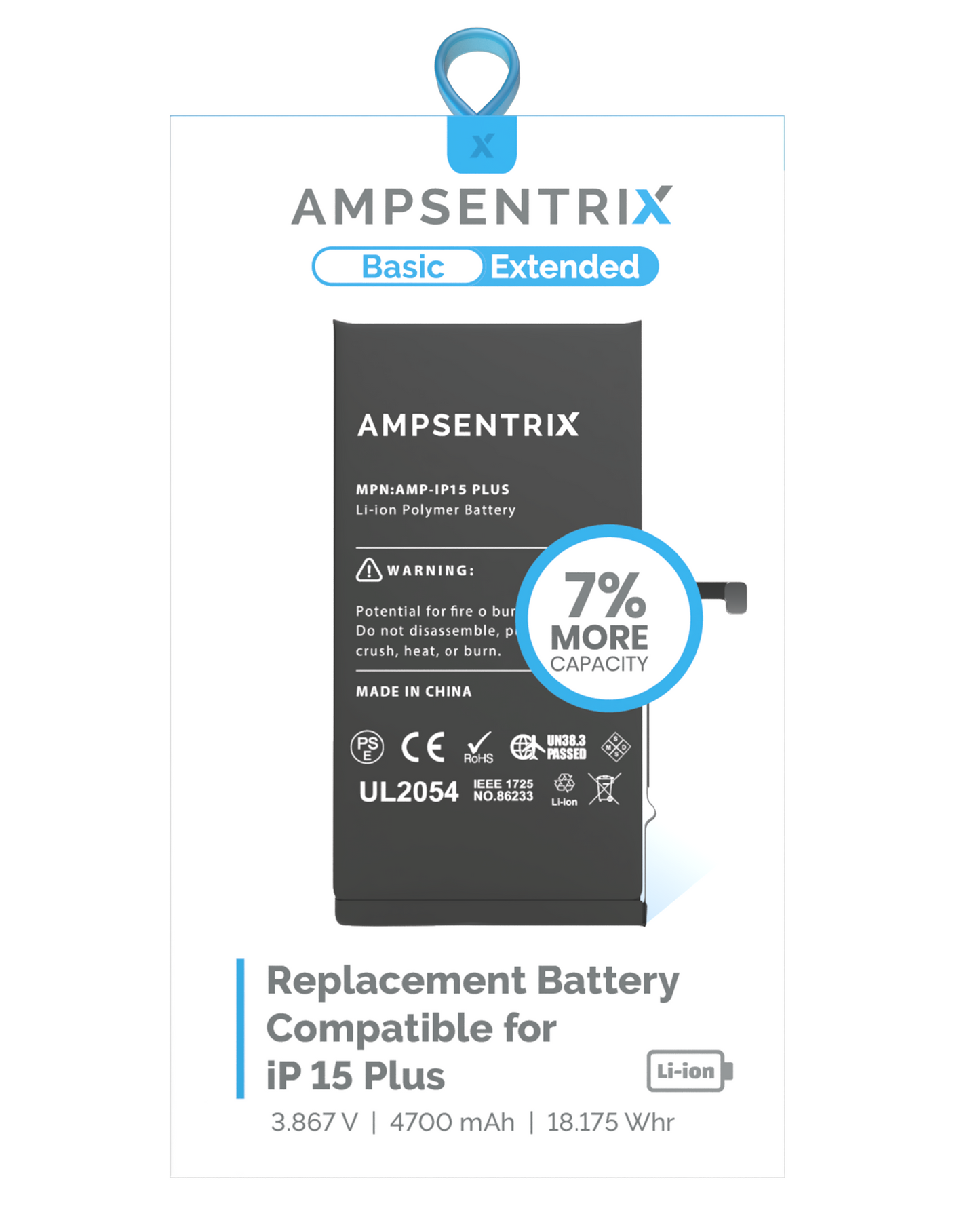 Replacement Battery For iPhone 15 Plus (AmpSentrix Basic Extended)