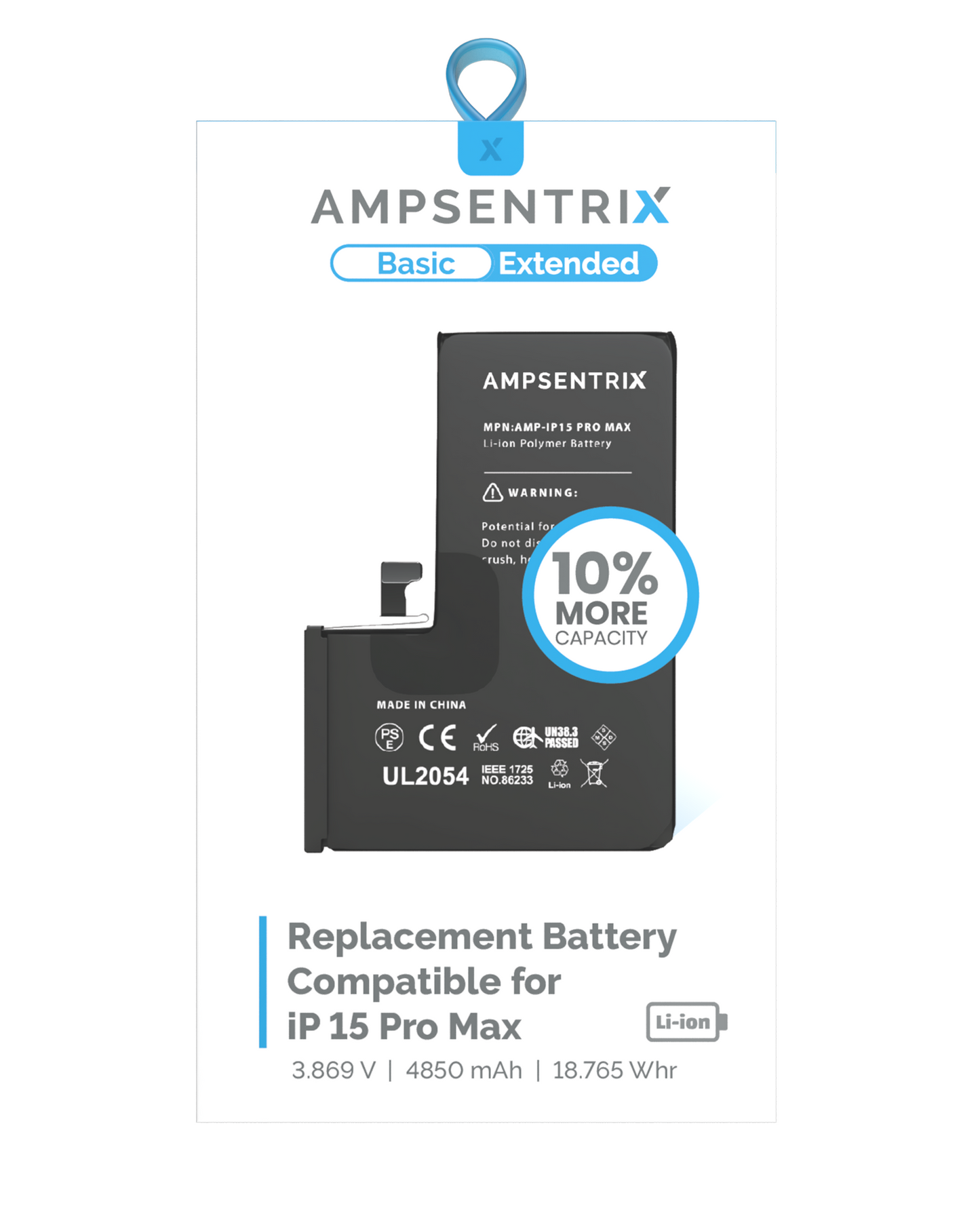 Replacement Battery For iPhone 15 Pro Max (AmpSentrix Basic Extended)