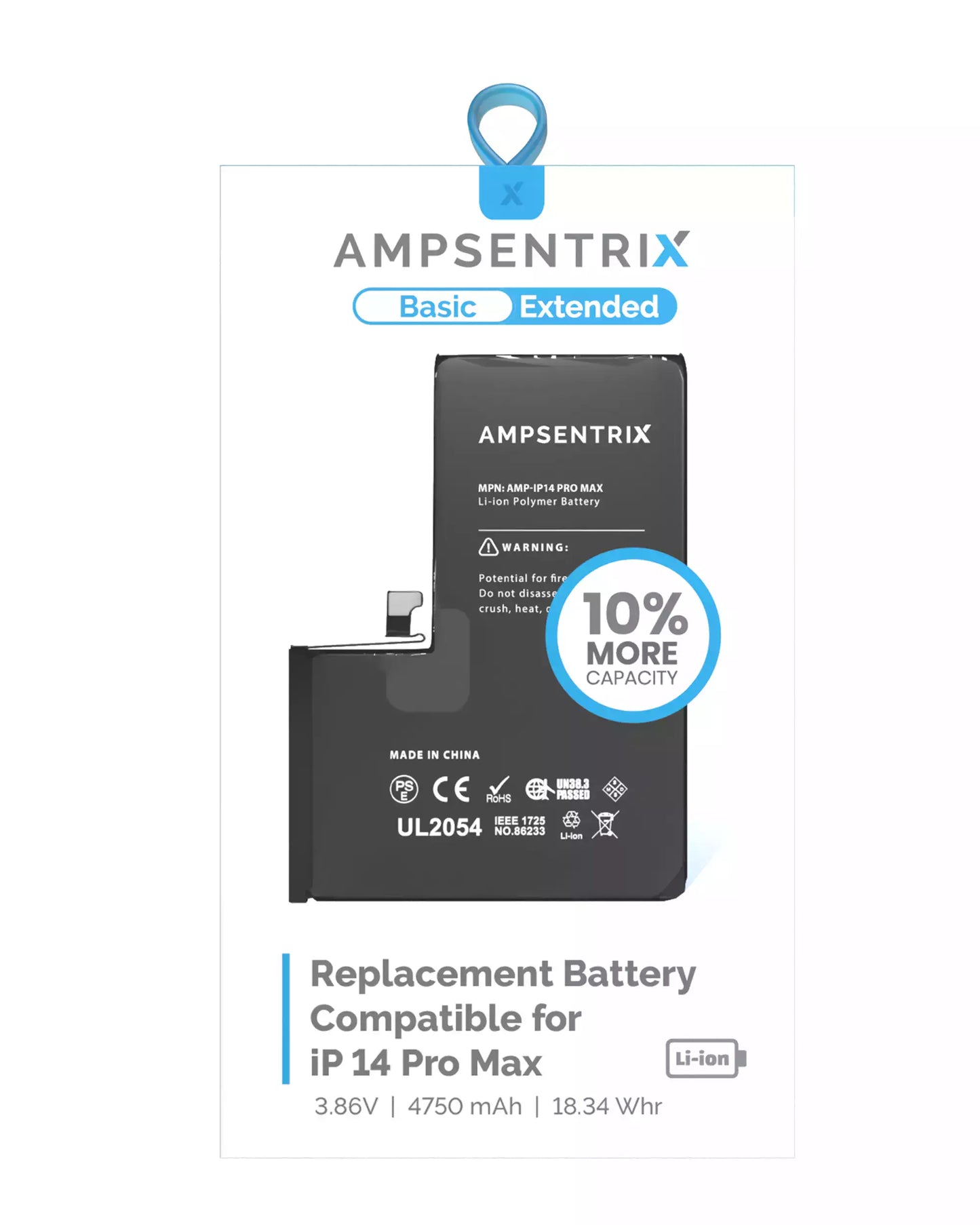 Extended Capacity Replacement Battery For iPhone 14 Pro Max (AmpSentrix Basic Extended)