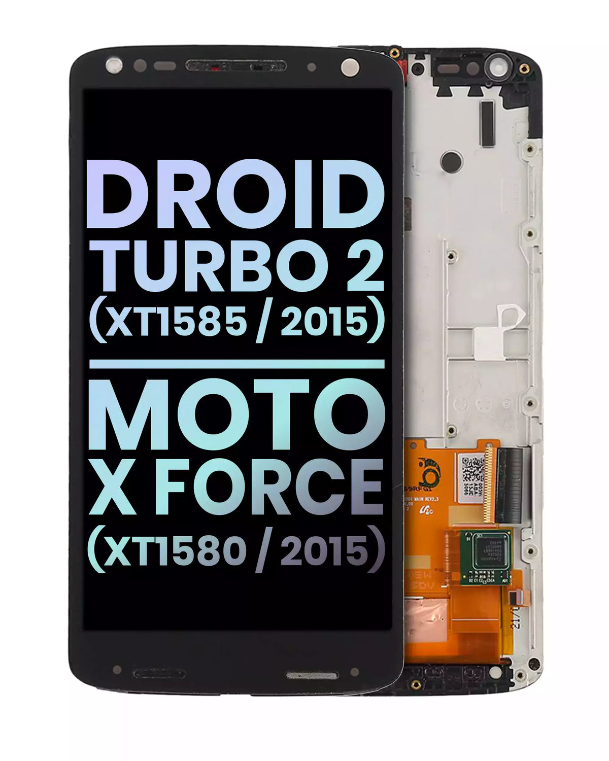 LCD Assembly With Frame for Motorola Droid Turbo 2 (XT1585 / 2015) Genuine OEM Black - replacement component front view, SKU 107082061934, image 1