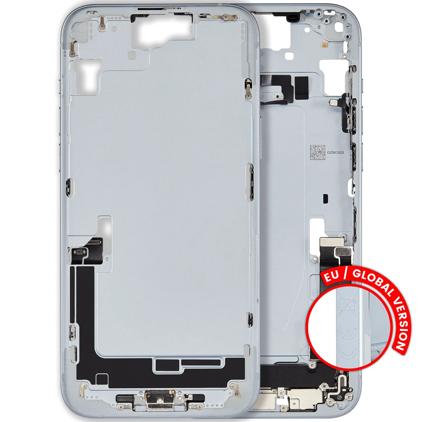 Mid-Frame Housing W/ Charging Port Flex & Small Parts For iPhone 15 Plus (EU / Global Version) (Used OEM Pull: Grade B) (Blue)