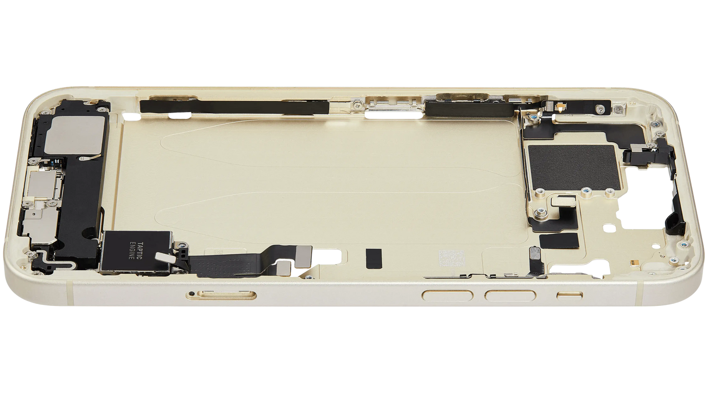 Mid-Frame Housing W/ Charging Port Flex & Small Parts For iPhone 15 Plus (EU / Global Version) (Used OEM Pull: Grade B) (Yellow)