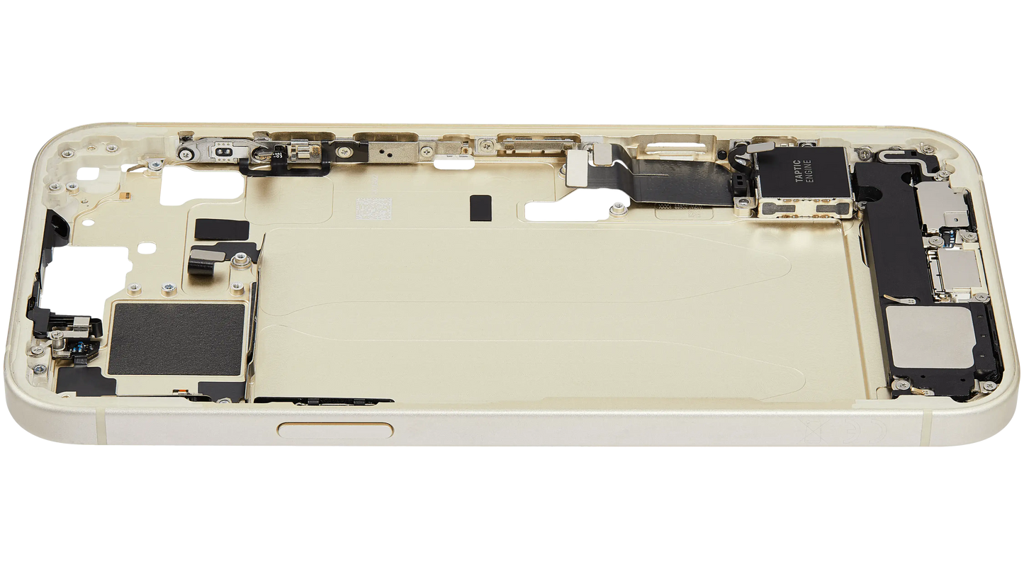 Mid-Frame Housing W/ Charging Port Flex & Small Parts For iPhone 15 Plus (EU / Global Version) (Used OEM Pull: Grade B) (Yellow)