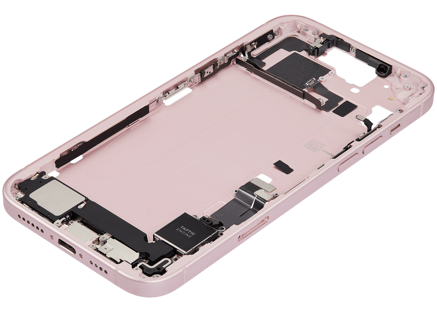 Mid-Frame Housing W/ Charging Port Flex & Small Parts For iPhone 15 Plus (EU / Global Version) (Used OEM Pull: Grade B) (Pink)