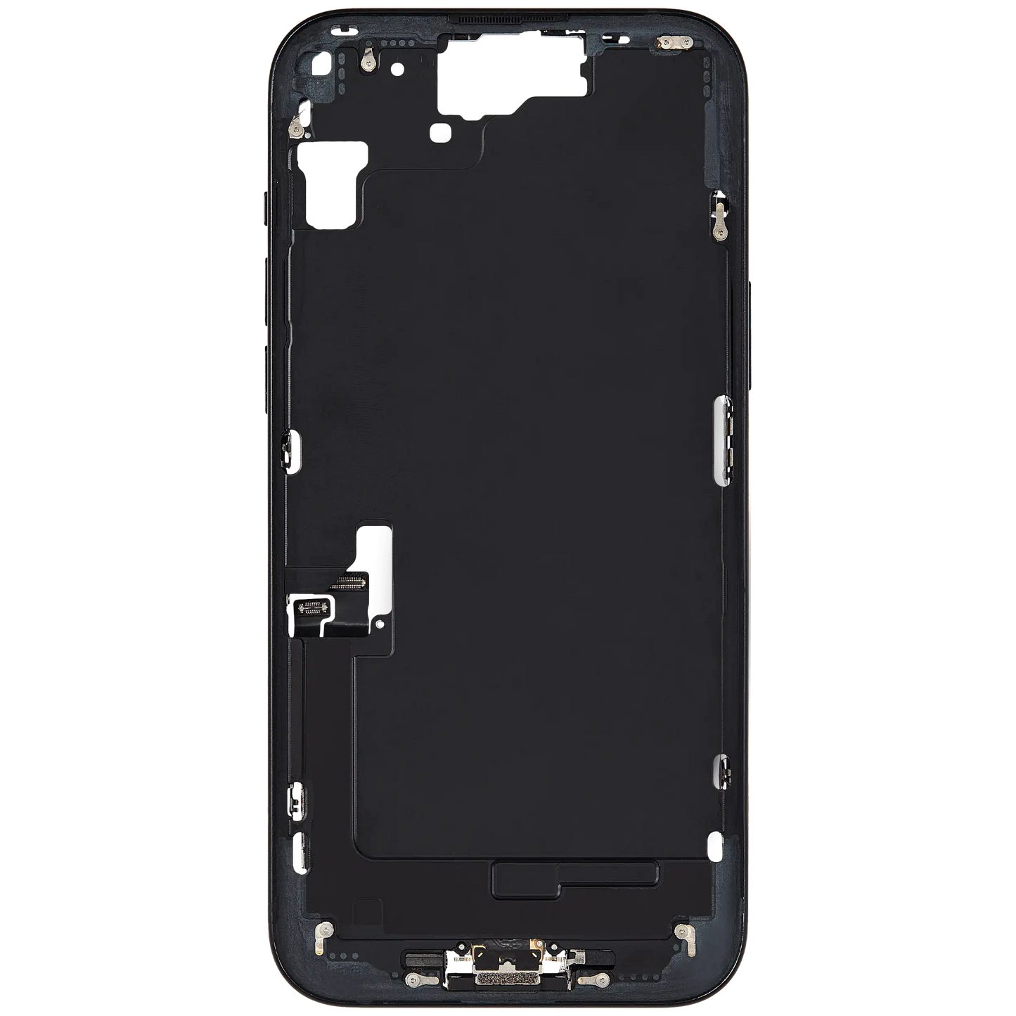 Mid-Frame Housing W/ Charging Port Flex & Small Parts For iPhone 15 Plus (EU / Global Version) (Used OEM Pull: Grade C) (Black)
