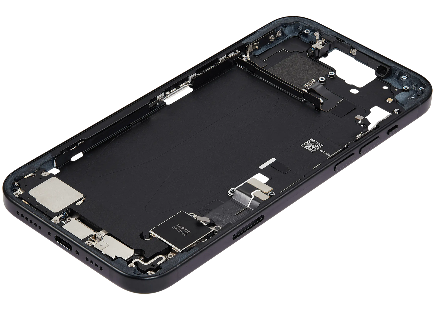 Mid-Frame Housing W/ Charging Port Flex & Small Parts For iPhone 15 Plus (EU / Global Version) (Used OEM Pull: Grade C) (Black)