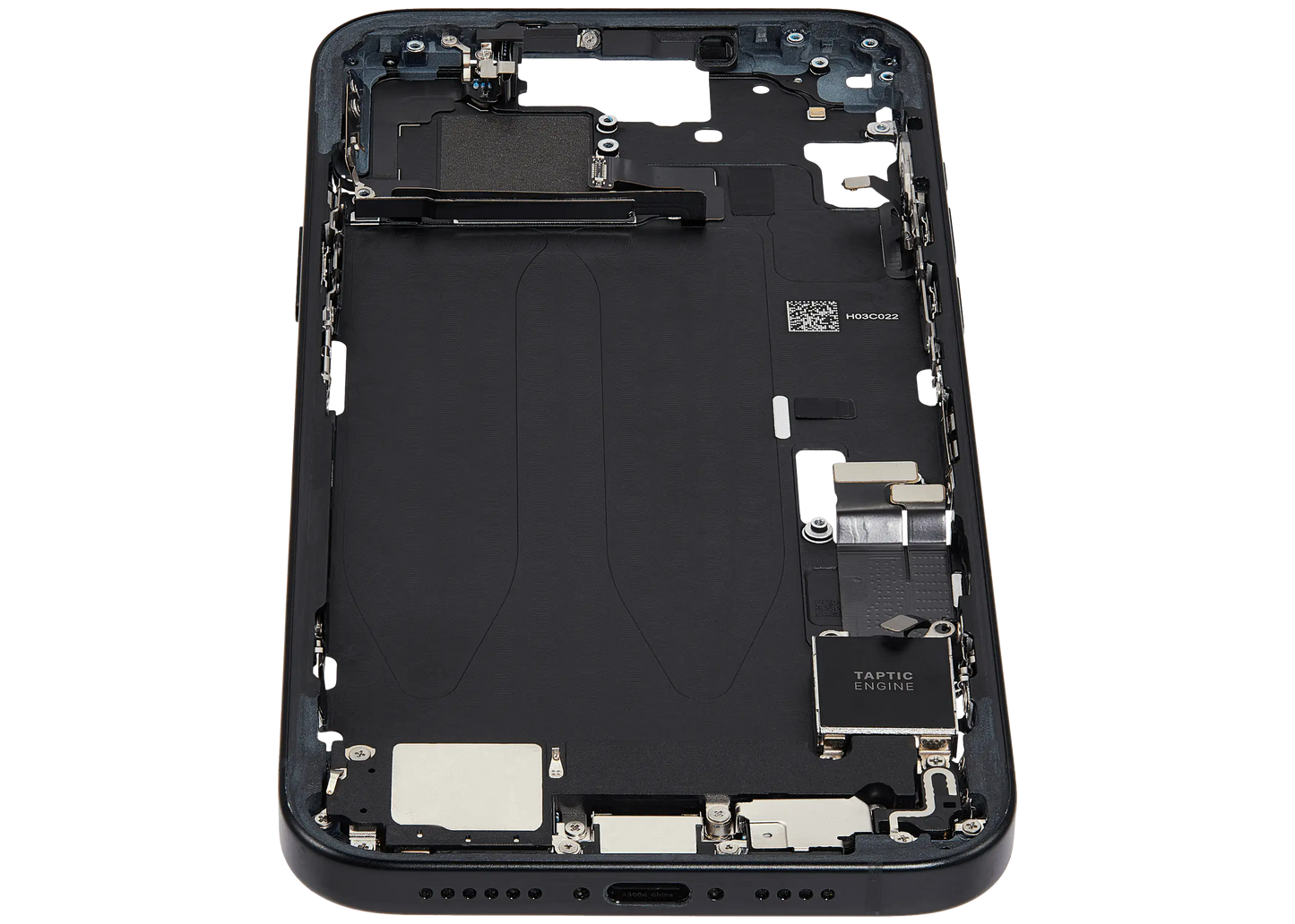 Mid-Frame Housing W/ Charging Port Flex & Small Parts For iPhone 15 Plus (EU / Global Version) (Used OEM Pull: Grade C) (Black)