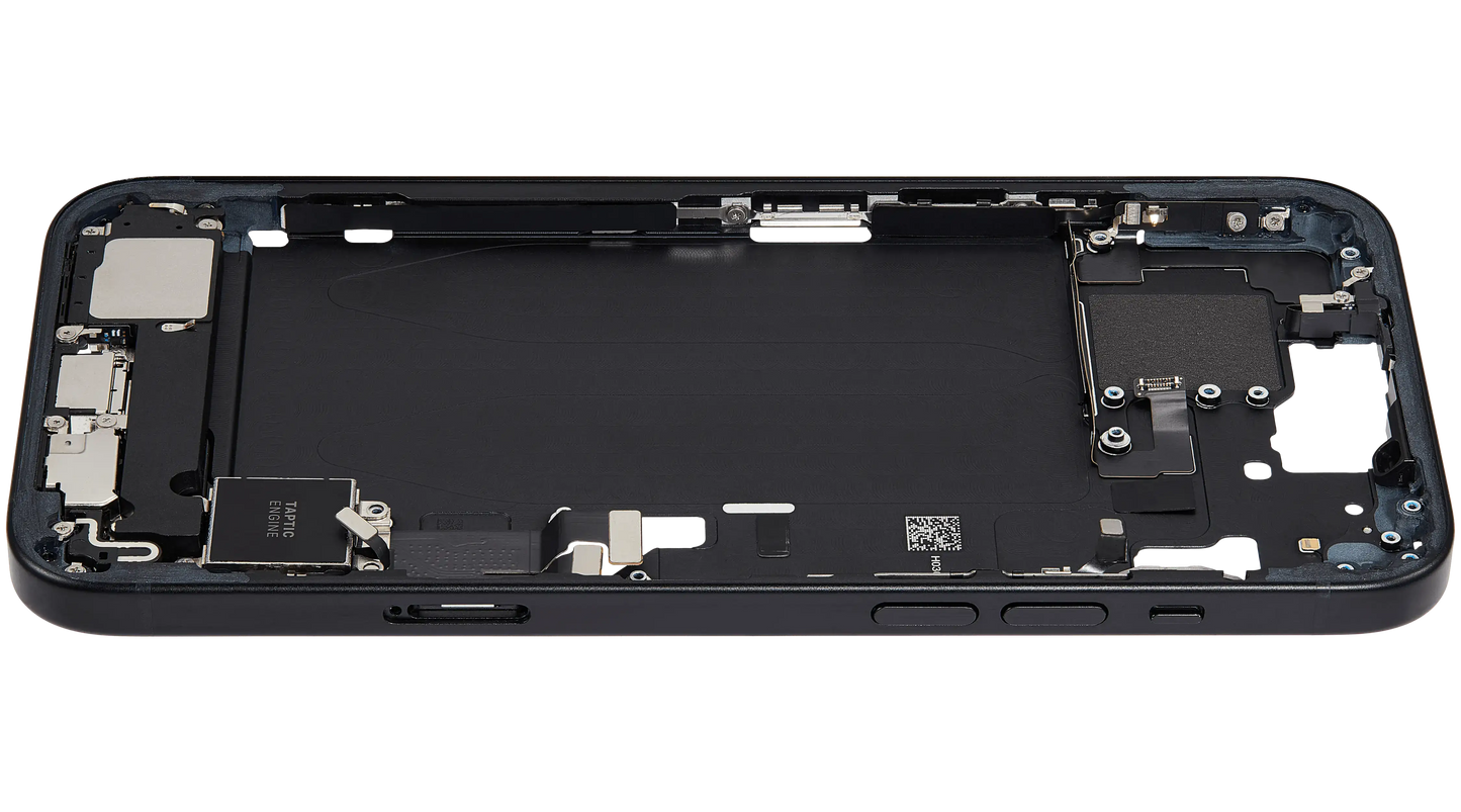Mid-Frame Housing W/ Charging Port Flex & Small Parts For iPhone 15 Plus (EU / Global Version) (Used OEM Pull: Grade C) (Black)