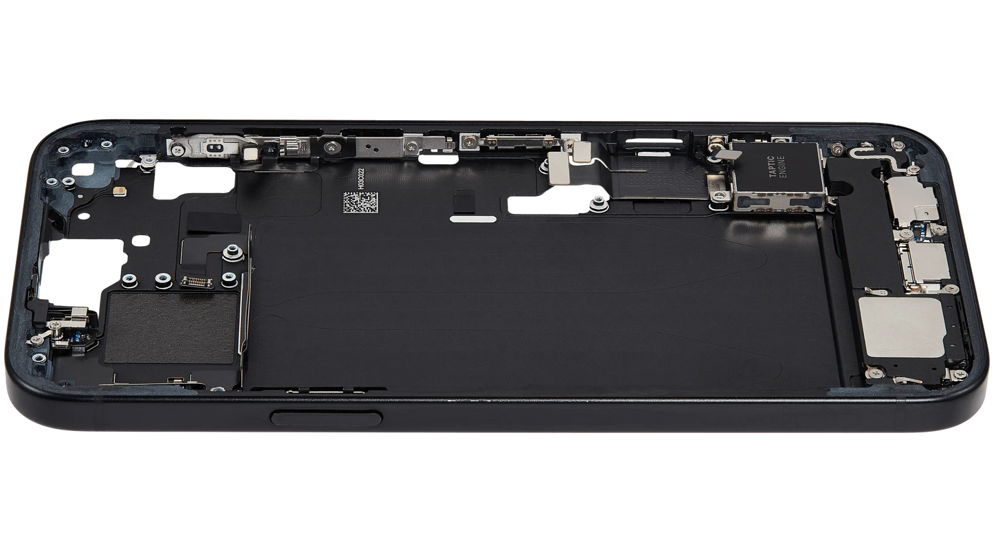 Mid-Frame Housing W/ Charging Port Flex & Small Parts For iPhone 15 Plus (EU / Global Version) (Used OEM Pull: Grade C) (Black)