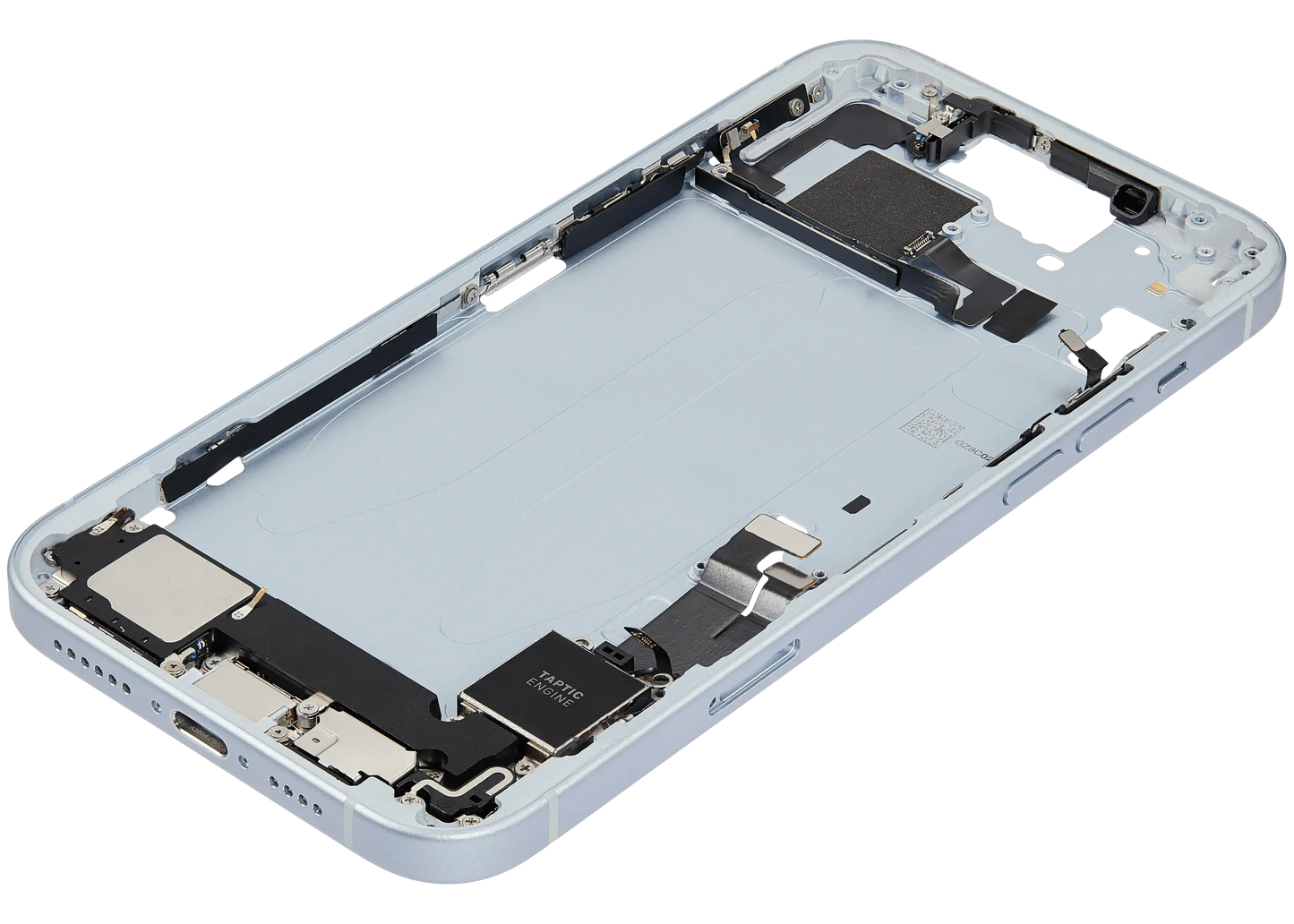 Mid-Frame Housing W/ Charging Port Flex & Small Parts For iPhone 15 Plus (EU / Global Version) (Used OEM Pull: Grade C) (Blue)