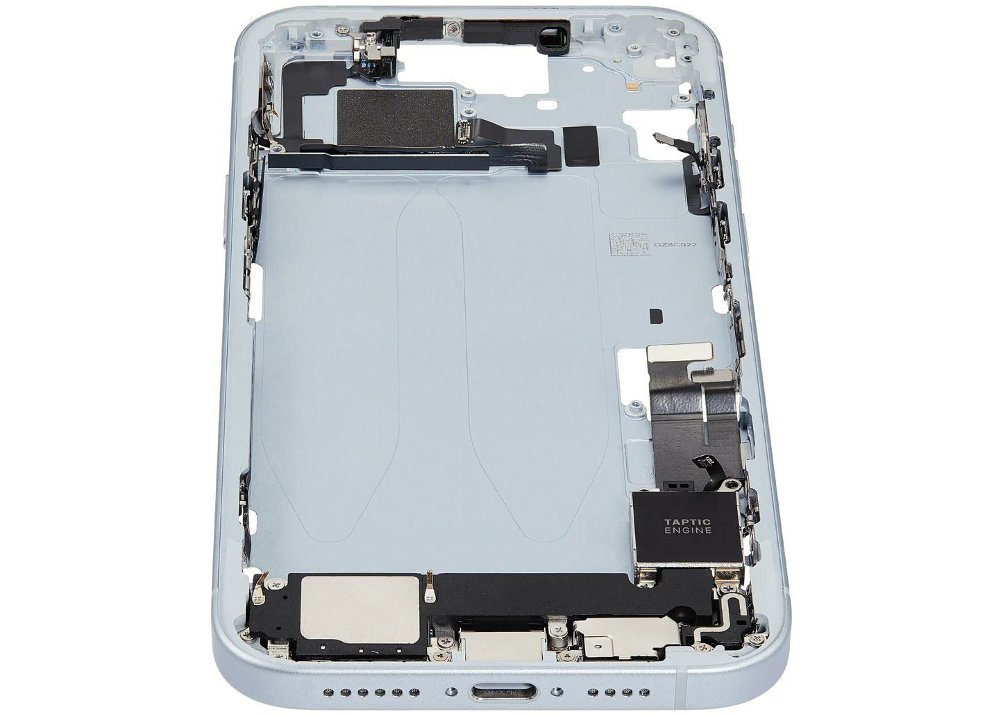 Mid-Frame Housing W/ Charging Port Flex & Small Parts For iPhone 15 Plus (EU / Global Version) (Used OEM Pull: Grade C) (Blue)