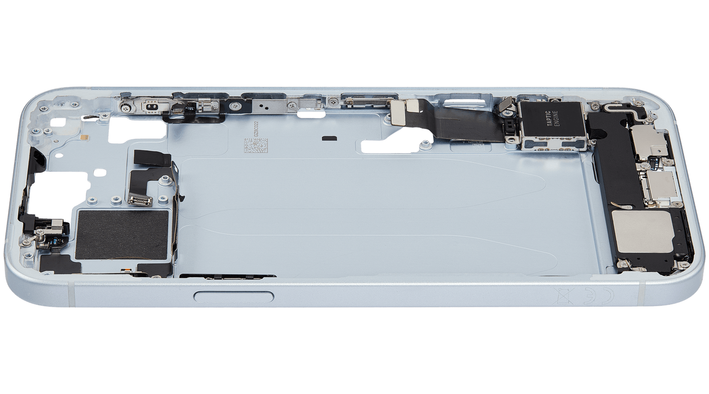 Mid-Frame Housing W/ Charging Port Flex & Small Parts For iPhone 15 Plus (EU / Global Version) (Used OEM Pull: Grade C) (Blue)