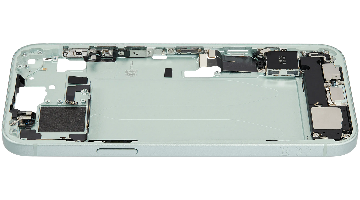 Mid-Frame Housing W/ Charging Port Flex & Small Parts For iPhone 15 Plus (EU / Global Version) (Used OEM Pull: Grade C) (Green)