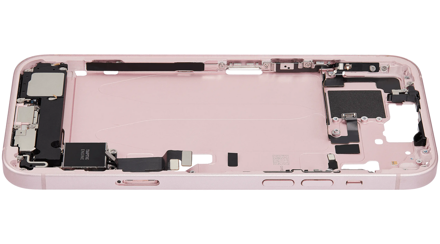 Mid-Frame Housing W/ Charging Port Flex & Small Parts For iPhone 15 Plus (EU / Global Version) (Used OEM Pull: Grade C) (Pink)