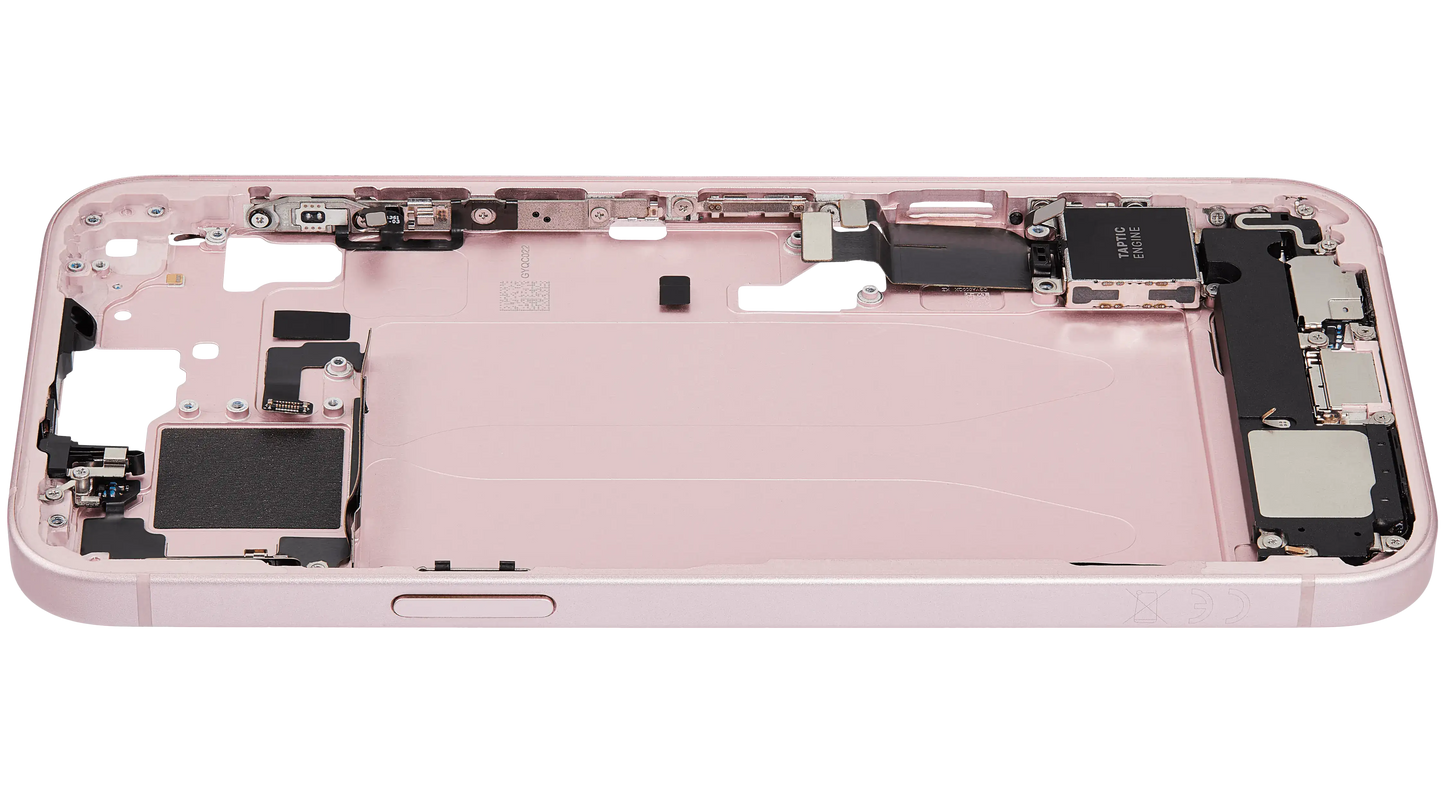 Mid-Frame Housing W/ Charging Port Flex & Small Parts For iPhone 15 Plus (EU / Global Version) (Used OEM Pull: Grade A) (Pink)