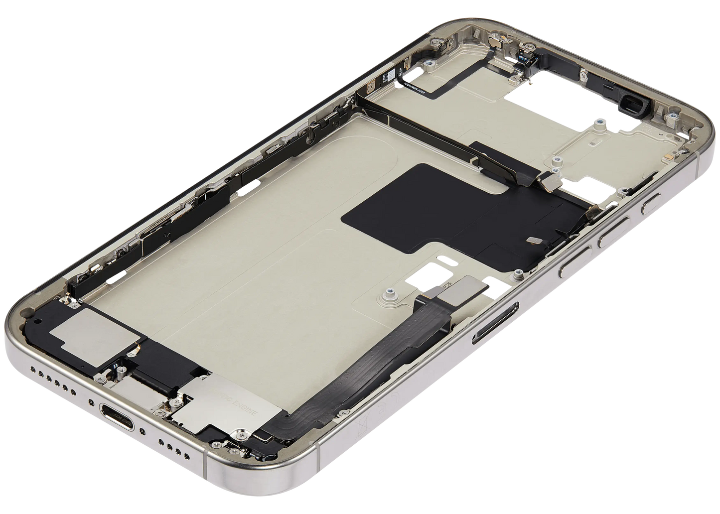 Mid-Frame Housing W/ Charging Port Flex & Small Parts For iPhone 16 Pro Max (EU / Global Version) (Used OEM Pull: Grade B) (Natural Titanium)
