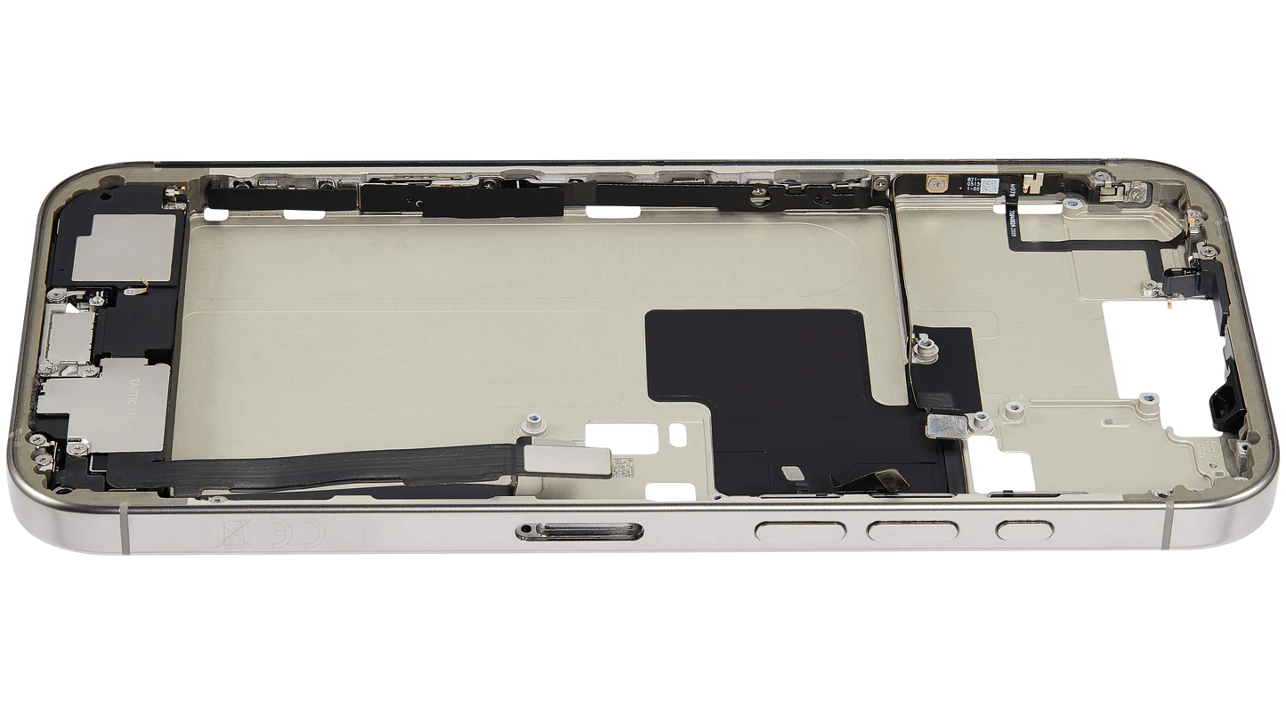 Mid-Frame Housing W/ Charging Port Flex & Small Parts For iPhone 16 Pro Max (EU / Global Version) (Used OEM Pull: Grade C) (Natural Titanium)