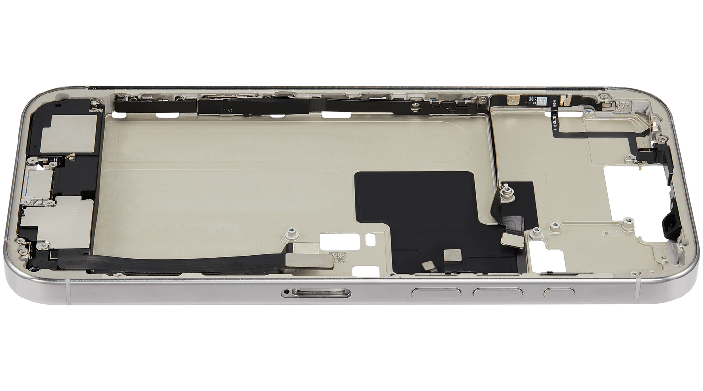 Mid-Frame Housing W/ Charging Port Flex & Small Parts For iPhone 16 Pro Max (EU / Global Version) (Used OEM Pull: Grade B) (White Titanium)