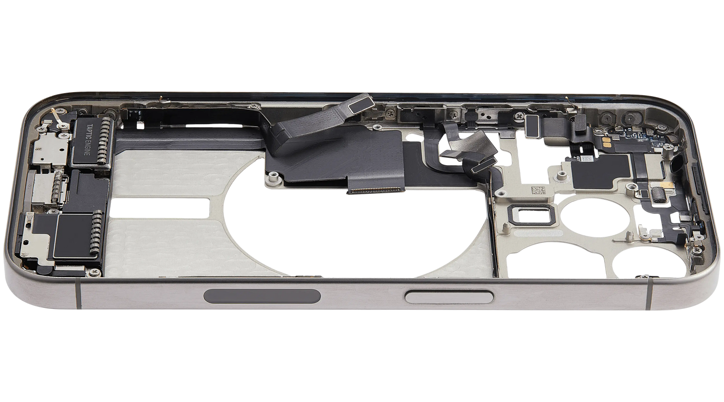 Mid-Frame Housing W/ Charging Port Flex & Small Parts For iPhone 15 Pro (US Version) (Used OEM Pull: Grade A) (Natural Titanium)
