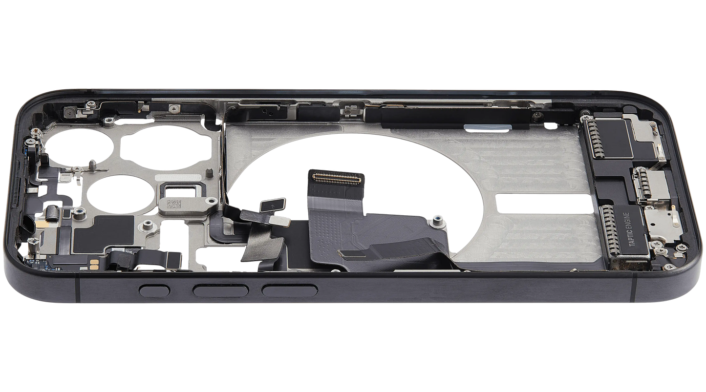 Mid-Frame Housing W/ Charging Port Flex & Small Parts For iPhone 15 Pro (US Version) (Used OEM Pull: Grade A) (Black Titanium)