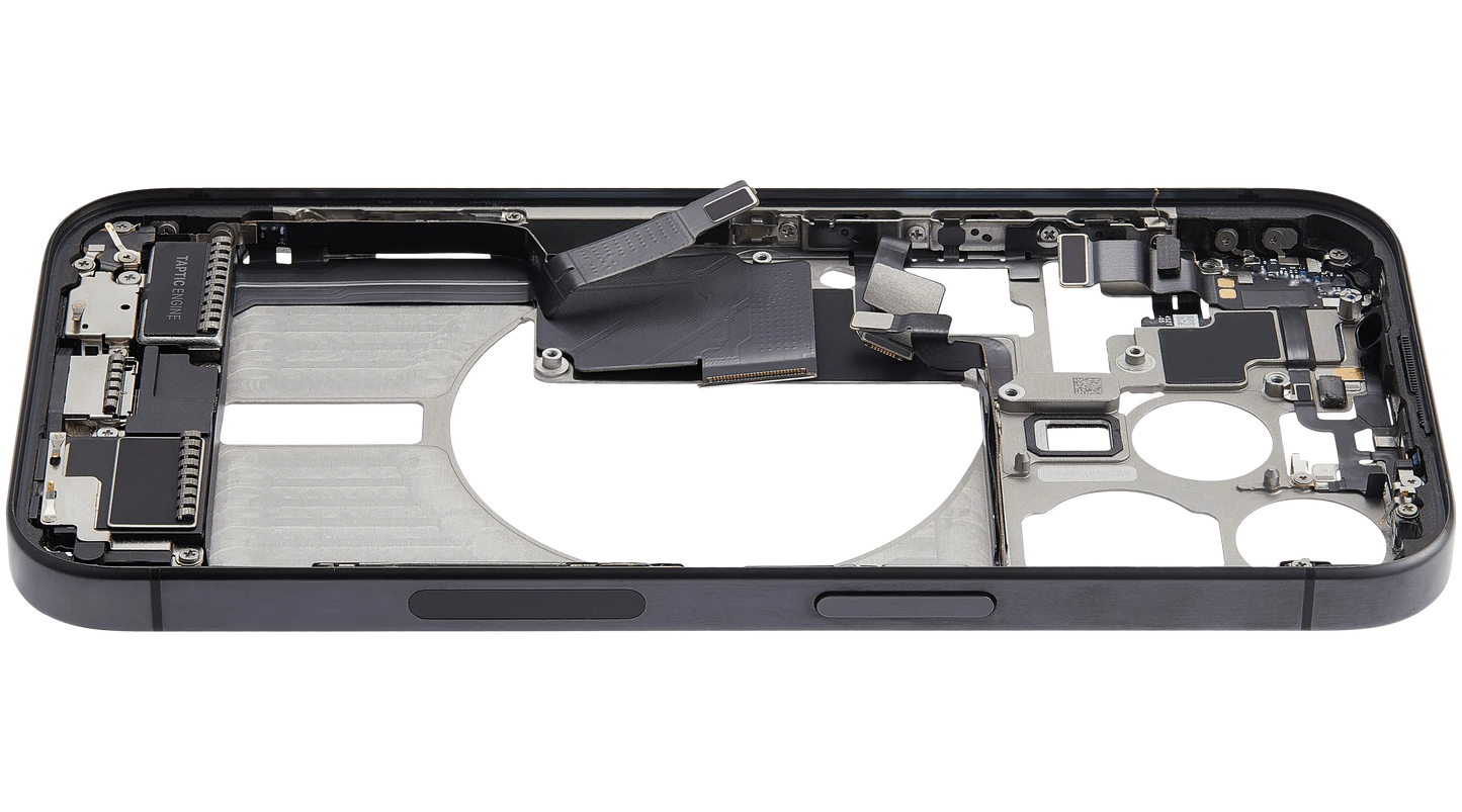 Mid-Frame Housing W/ Charging Port Flex & Small Parts For iPhone 15 Pro (US Version) (Used OEM Pull: Grade A) (Black Titanium)
