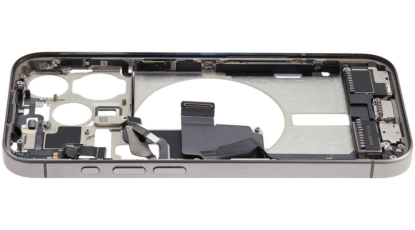 Mid-Frame Housing W/ Charging Port Flex & Small Parts For iPhone 15 Pro (US Version) (Used OEM Pull: Grade C) (Natural Titanium)