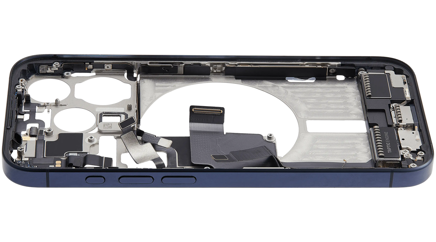 Mid-Frame Housing W/ Charging Port Flex & Small Parts For iPhone 15 Pro (US Version) (Used OEM Pull: Grade C) (Blue Titanium)