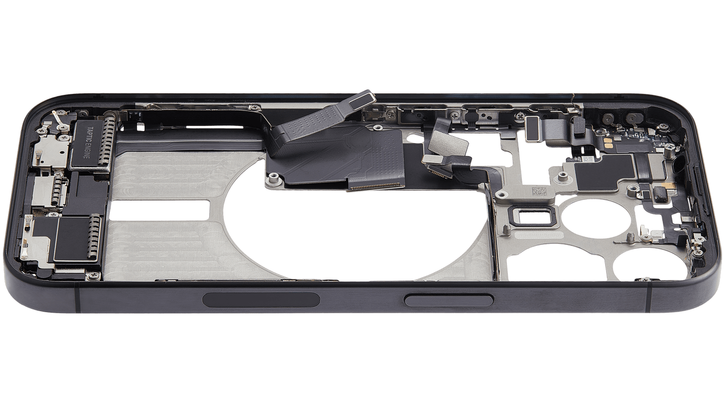 Mid-Frame Housing W/ Charging Port Flex & Small Parts For iPhone 15 Pro (US Version) (Used OEM Pull: Grade C) (Black Titanium)