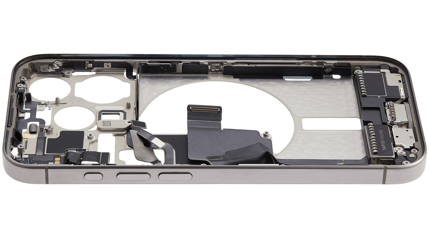 Mid-Frame Housing W/ Charging Port Flex & Small Parts For iPhone 15 Pro (US Version) (Used OEM Pull: Grade B) (Natural Titanium)