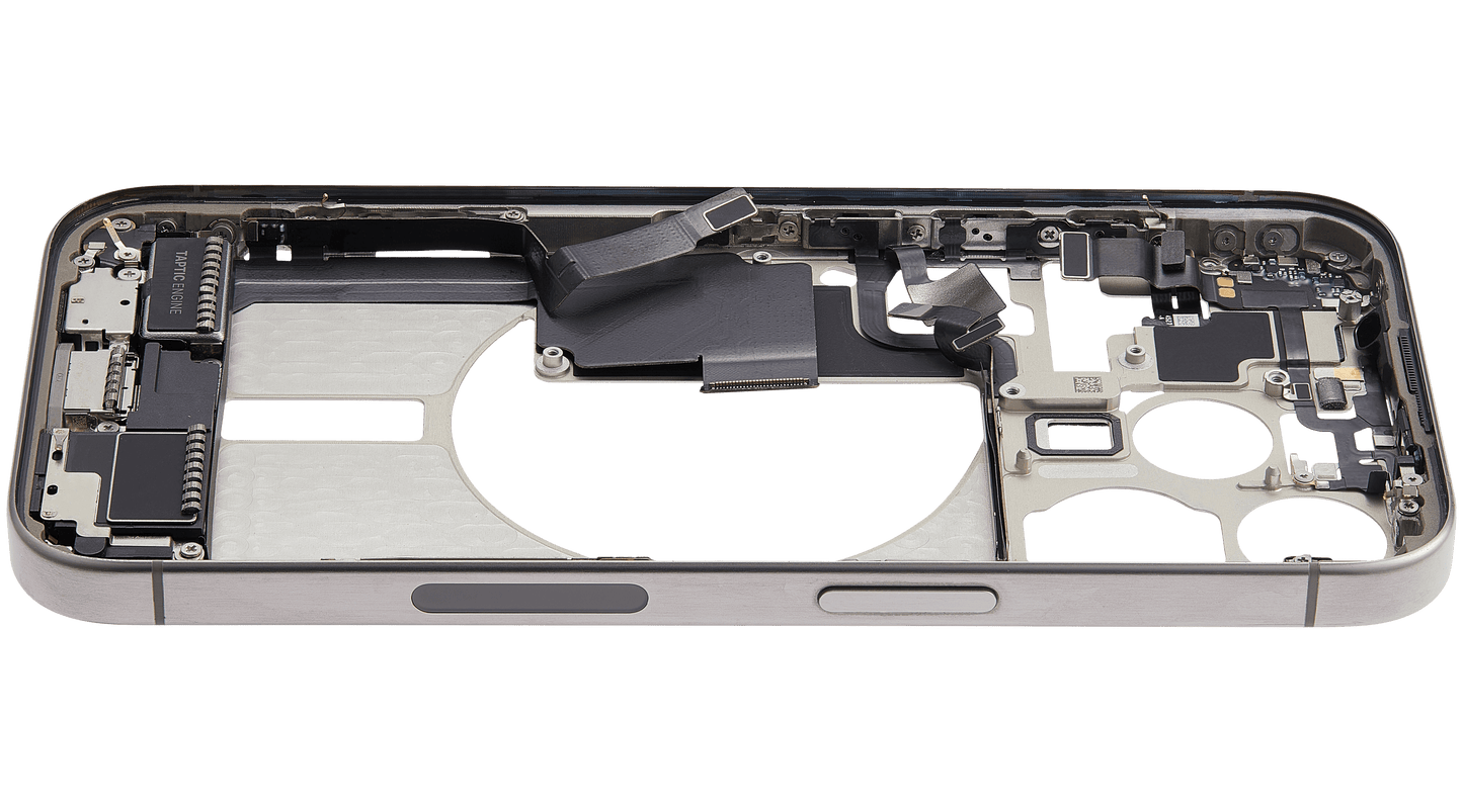 Mid-Frame Housing W/ Charging Port Flex & Small Parts For iPhone 15 Pro (US Version) (Used OEM Pull: Grade B) (Natural Titanium)