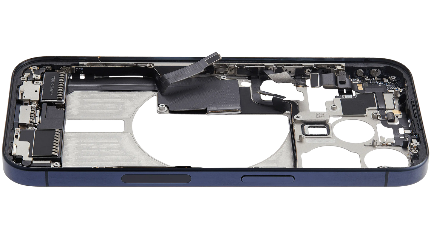 Mid-Frame Housing W/ Charging Port Flex & Small Parts For iPhone 15 Pro (US Version) (Used OEM Pull: Grade B) (Blue Titanium)